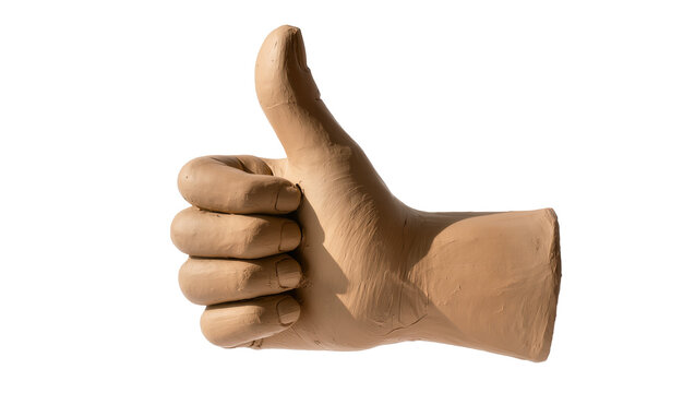 Clay hand sculpture giving thumbs up gesture, isolated on transparent background