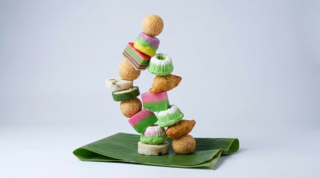Assorted traditional Indonesian snacks including onde-onde, kue lapis, and putu ayu stacked in a creative balancing tower on a green banana leaf over a white background.