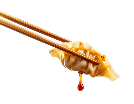 Savory dumpling with rich dripping sauce held by wooden chopsticks.