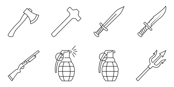 Weapons and combat defense linear icons set including hatchet, mace, sword, shotgun and fragmentation grenade.
