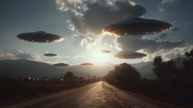 Multiple unidentified flying objects descend over a rural landscape at sunset