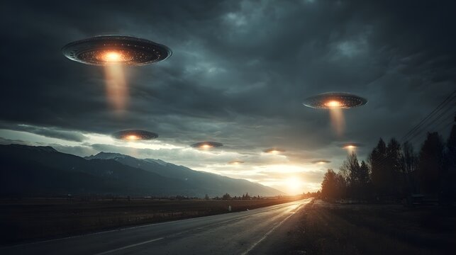Multiple alien spacecraft descend from stormy skies over a rural landscape
