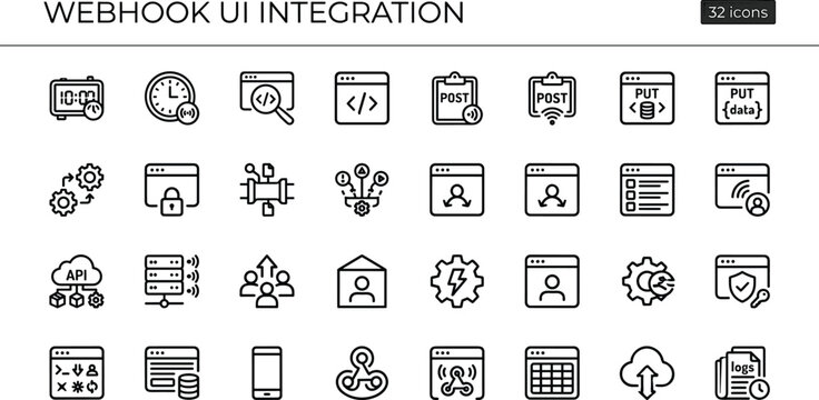 Webhook UI Integration Line Icon Set With API Requests Cloud Sync Security And Software Interface Symbols