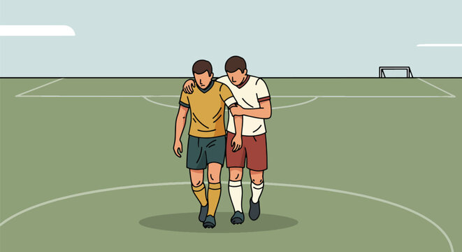 Soccer players walking together on field arm around shoulder supportive gesture.