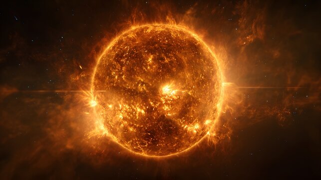Brilliant sun with detailed solar surface texture and plasma eruptions in deep space