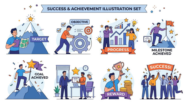 Business success vector set with diverse professional character setting ambitious goal achieving objective and receiving reward for outstanding accomplishment in corporate growth concept.