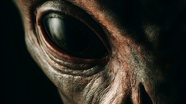 Close-up of a realistic alien face partially hidden in shadow