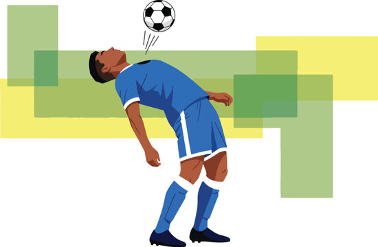 Soccer player heading ball on transparent background with geometric shapes overlay.