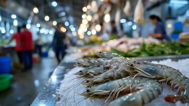 Fresh shrimp on ice in a seafood market