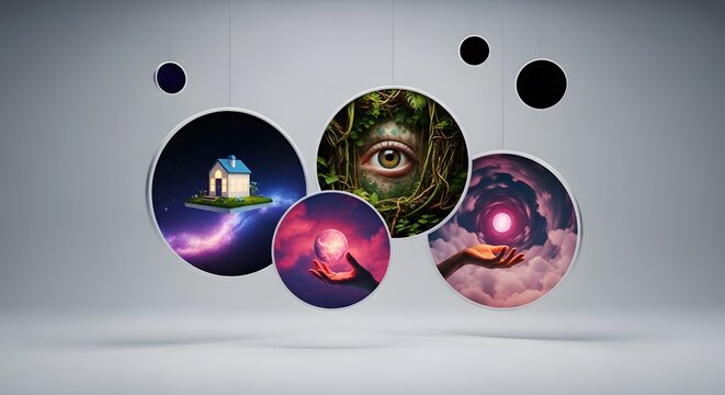 Floating circular cosmic portals featuring dreamlike scenes including floating house and giant forest eye and mystical glowing orbs held by hands on soft grey background with hanging black discs
