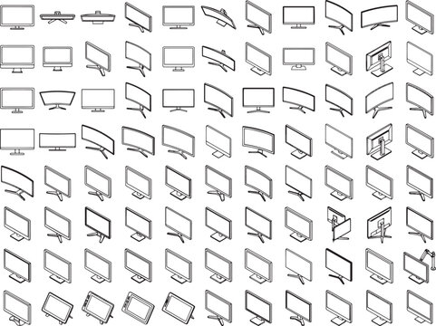 A comprehensive illustration of diverse computer monitors, showcasing their different designs, angles, and styles, against a clean backdrop.