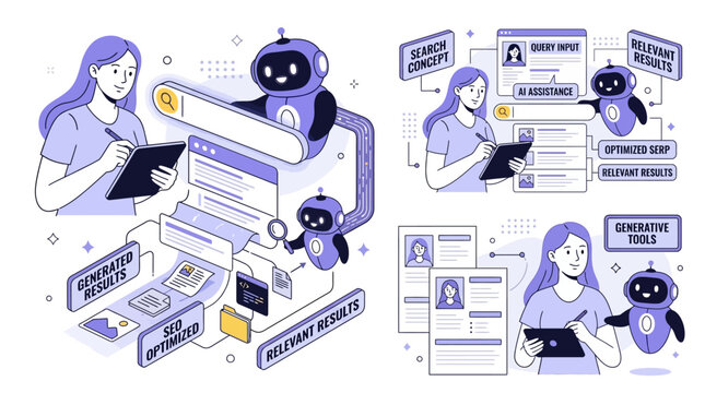 Conceptual vector illustration of a digital woman integrating with an artificial intelligence robot for generative internet search, browsing, and SEO optimization in a futuristic tech environment.