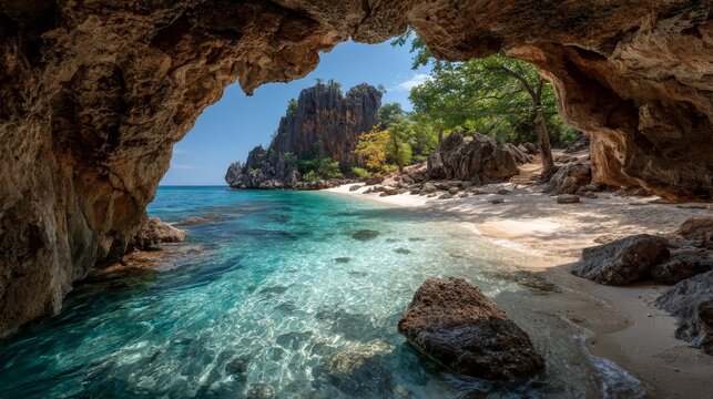 Secluded Tropical Cave Opening to Pristine Beach and Turquoise Waters