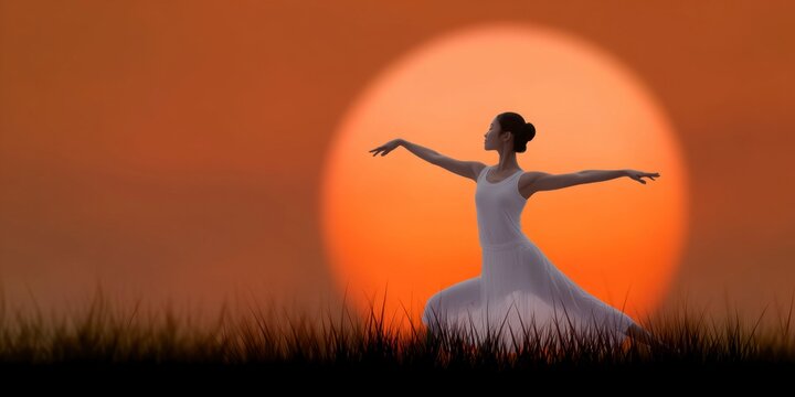a silhouette of an elegant dancer dancing under the setting sun, with her arms outstretched and legs gracefully bent in a dance pose