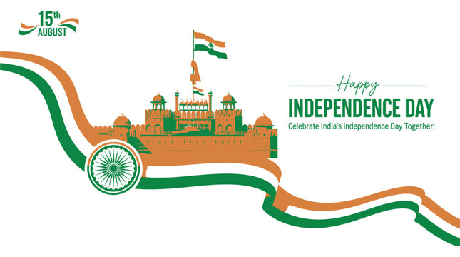 Independence Day Red Fort monument illustration with tricolor swish and Ashok Chakra for India Independence Day vector design India