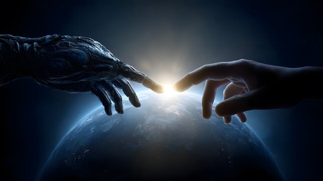 Alien and human hands reach out to touch above a glowing Earth