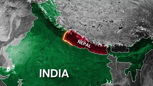Animated map highlighting Nepal with a glowing red border over India