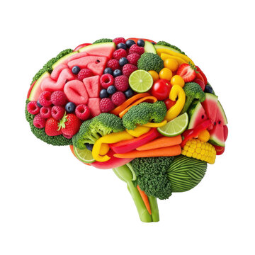 Human brain shape made of fresh fruits and vegetables isolated on a transparent background