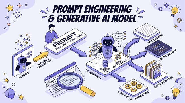 Futuristic Prompt Engineering Concept Featuring Artificial Intelligence Generative Model Isometric Vector Illustration Modern Infographic Design Template for Data Science and Machine Learning