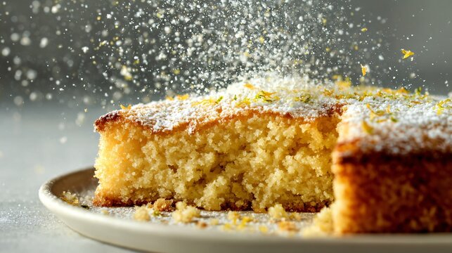 Olive oil citrus cake mid-slice with crumbs breaking away, action captured naturally