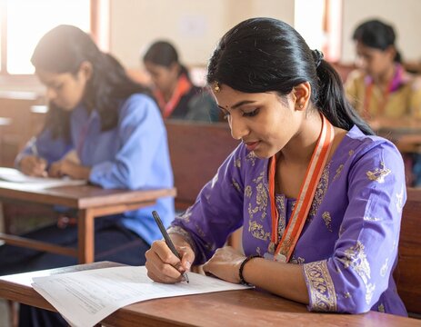 An Indian girl appearing for an exam in a crowded examination hall 