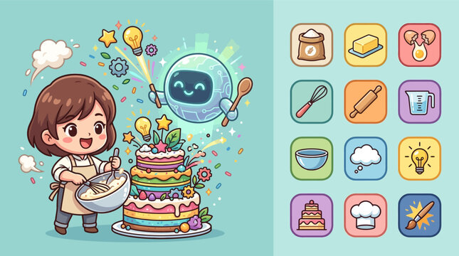 Vector illustration of a cute chibi girl and a small round robot decorating a large colorful tiered cake together, including a set of twelve baking and creative process icons.