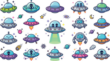 Colorful UFO and Alien Icon Vector Set Featuring Whimsical Designs, Cosmic Elements, and Fun Space Exploration Themes © DabashChandra