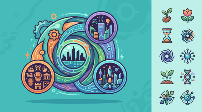 Conceptual flat vector illustration depicting the evolution of human civilization from ancient history and architecture to modern urban cityscapes and futuristic space exploration.