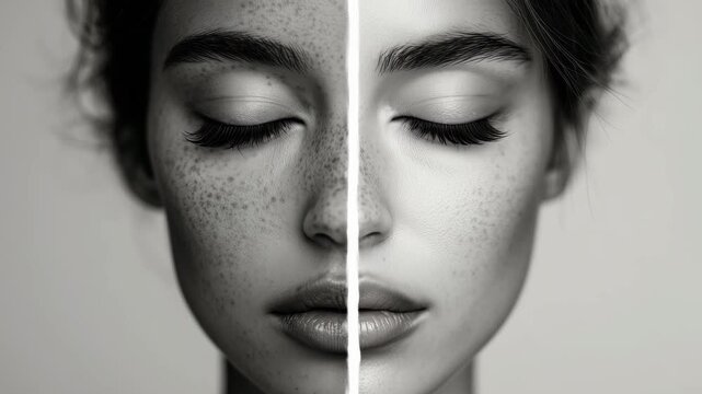 The camera captures a split image of a female subjects face in black and white highlighting her facial features and details
