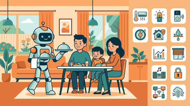 Flat vector illustration of a domestic robot serving dinner to a smiling family in a smart home environment, including icons for security, lighting, and temperature automation.