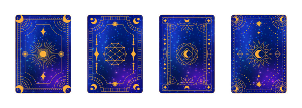 Set of four tarot card back designs with mystical celestial symbols on a starry galaxy background. Esoteric occult vector illustration for astrology.
