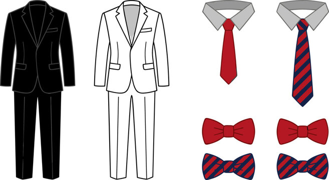 Men Formal Suit Vector Set Featuring Black and White Tuxedos Neckties and Bow Ties for Corporate Business Dress Code and Wedding Graphic Designs