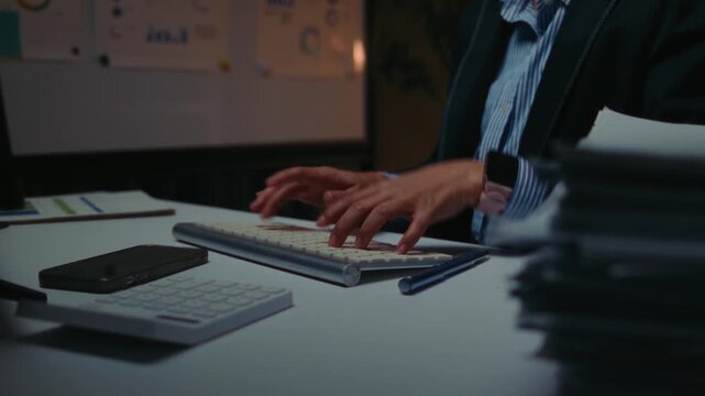 Close up of a manager's hands typing on a wireless keyboard and then using a calculator. An employee working overtime late at night in a dark office