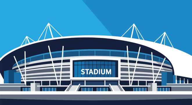Modern exterior view of a large sports stadium with text 'stadium'.