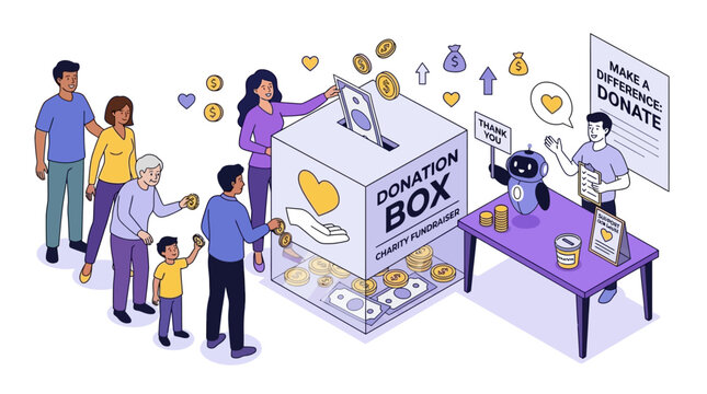 Flat Isometric Vector Illustration of Diverse People Characters Donating Money for Charity, Volunteers Collecting Coins and Banknotes into a Donation Box for Financial Support and Fundraising.