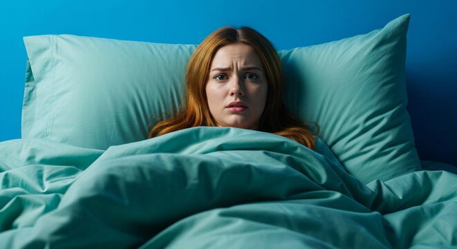 Young woman lying in bed with worried expression on turquoise sheets