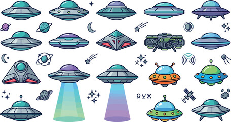 UFO and Spaceship Icon Vector Set Featuring Various Designs, Cosmic Elements, and Space Exploration Themes © DabashChandra