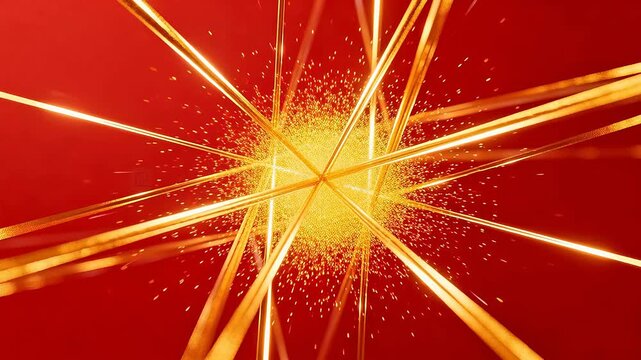 Red background with golden light beams radiating outward and sparkling particles