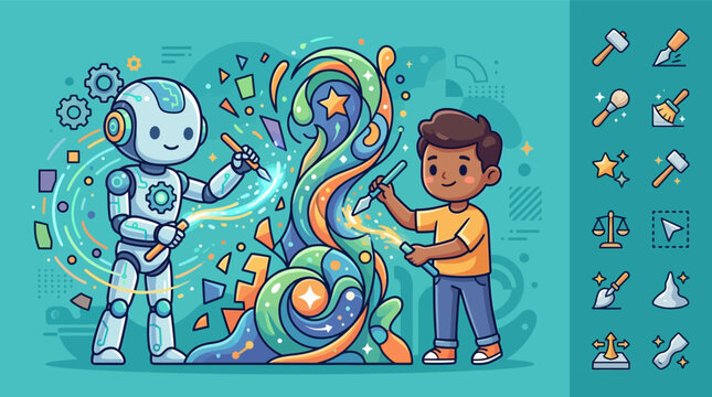 Flat vector illustration of a cute chibi robot and a boy collaboratively creating a colorful swirling abstract sculpture with tools, featuring creative UI icons, gears, and shapes.