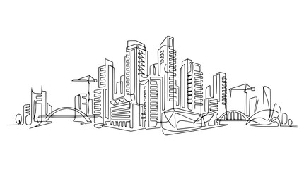 Fototapeta premium Continuous Line Drawing of a Modern Cityscape with Skyscrapers and Bridges