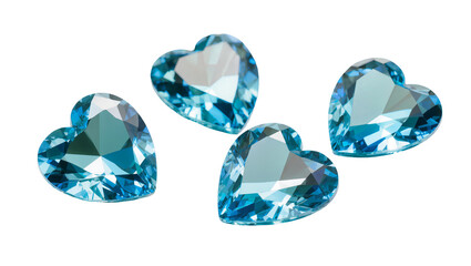 Fototapeta premium Four faceted aquamarine heart-shaped gemstones, isolated on transparent background