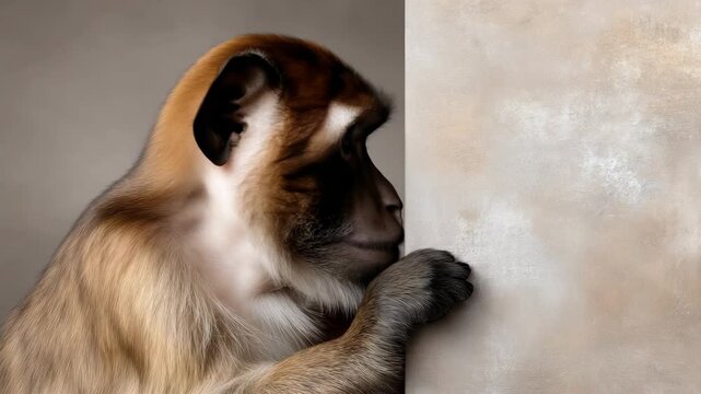 Monkey interacts with wall in indoor setting at an animal rescue center