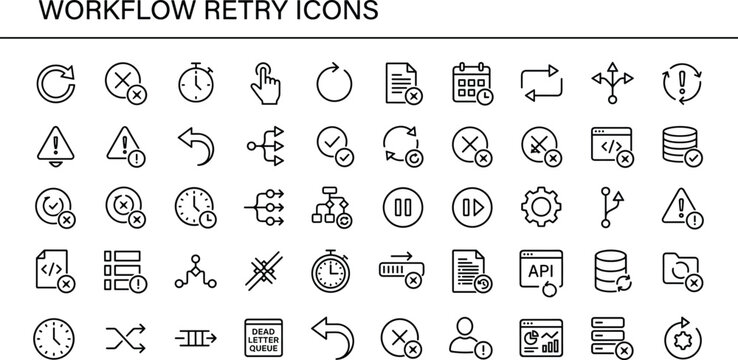 Workflow retry outline icon set with error handling recovery process automation task control and system reliability vector collection