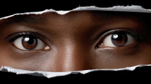 Close up of eyes looking through a torn paper, expressing emotions and thoughts in a unique way during creative photography session