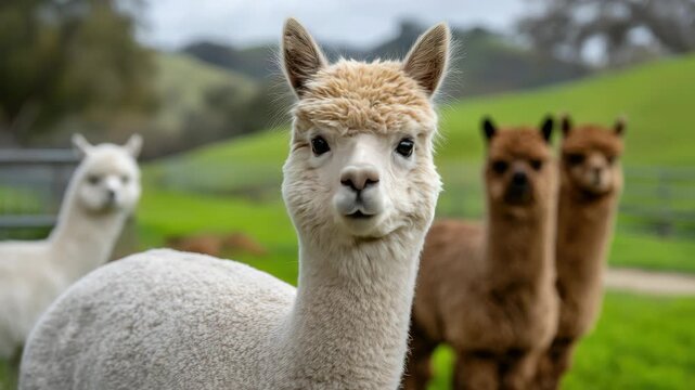 Alpacas in a green field on a farm while they graze and interact with each other during a sunny day in the countryside