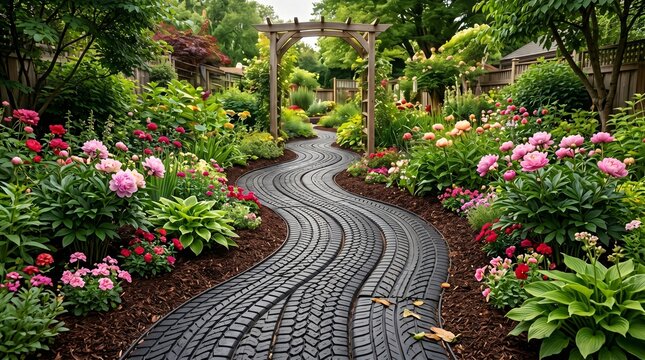 Garden walkway paved with recycled tire treads for drainage.