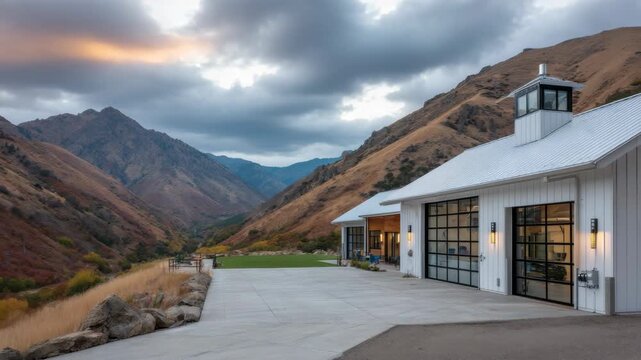 Mountain view with a house at sunset in a wide open space surrounded by trees and hills