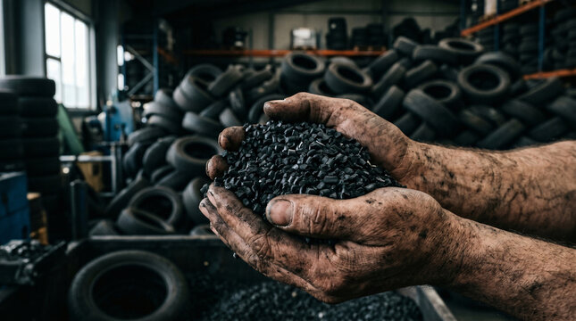 Worker holding shredded recycled tire biomass pellets.