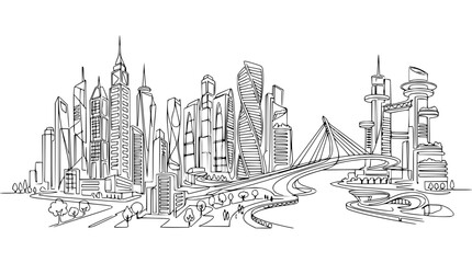 Obraz premium Modern City Skyline Sketch - Futuristic Architecture and Bridge