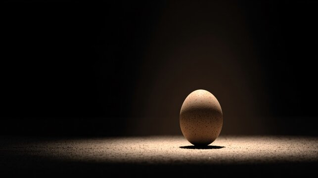 Charcoal background with a single egg placed within a soft circular spotlight, surrounding darkness used as copy space